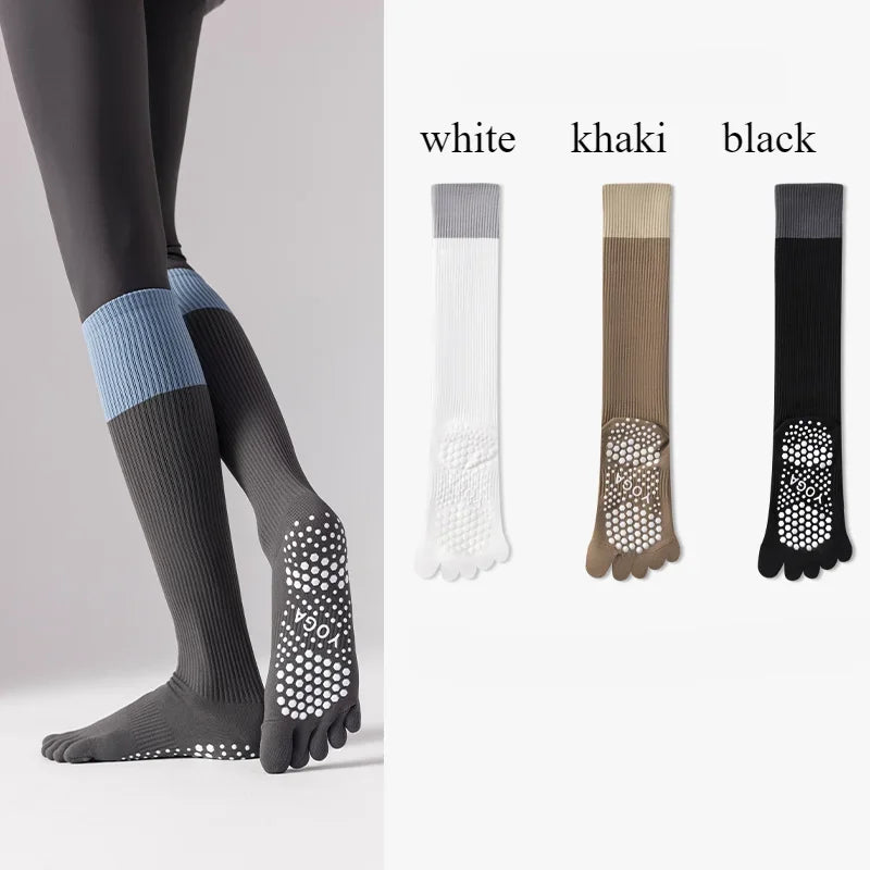 3 Pairs Women Compression Socks with Grip  Non-slip Long Sports Toe Socks Calf Yoga Pilates Five Finger Socks