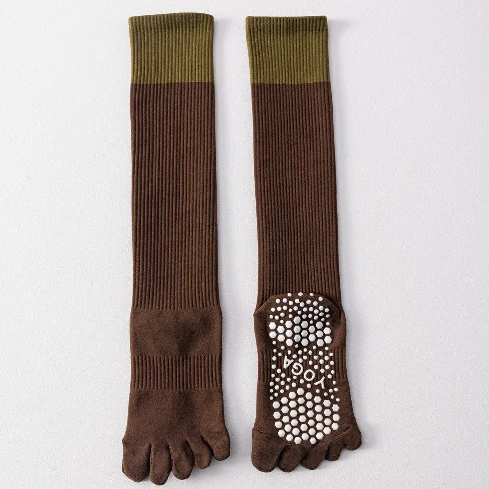 3 Pairs Women Compression Socks with Grip  Non-slip Long Sports Toe Socks Calf Yoga Pilates Five Finger Socks