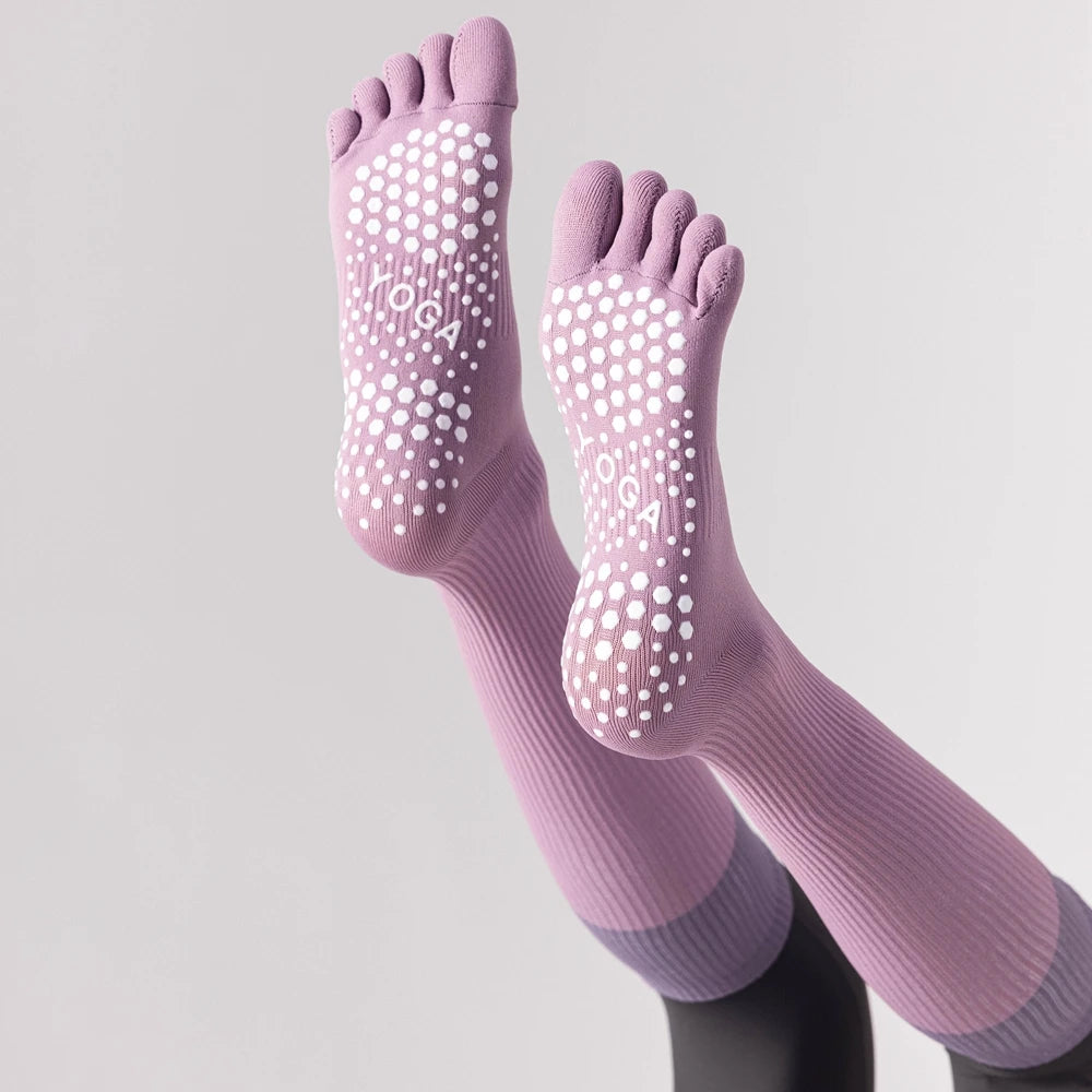 3 Pairs Women Compression Socks with Grip  Non-slip Long Sports Toe Socks Calf Yoga Pilates Five Finger Socks