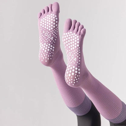 3 Pairs Women Compression Socks with Grip  Non-slip Long Sports Toe Socks Calf Yoga Pilates Five Finger Socks
