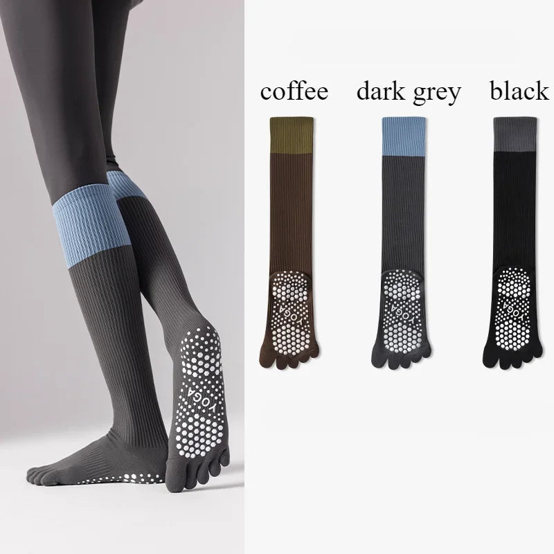 3 Pairs Women Compression Socks with Grip  Non-slip Long Sports Toe Socks Calf Yoga Pilates Five Finger Socks