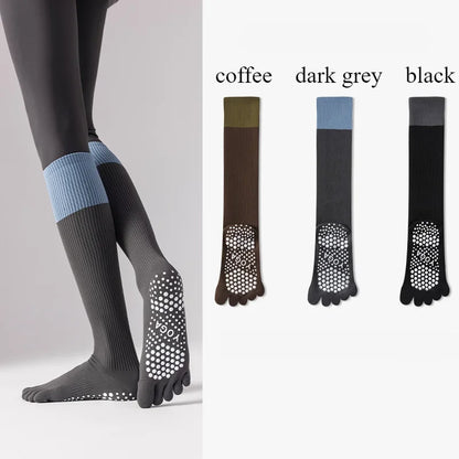 3 Pairs Women Compression Socks with Grip  Non-slip Long Sports Toe Socks Calf Yoga Pilates Five Finger Socks