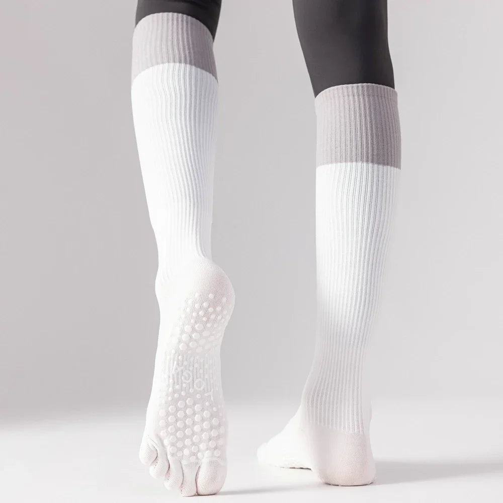 3 Pairs Women Compression Socks with Grip  Non-slip Long Sports Toe Socks Calf Yoga Pilates Five Finger Socks