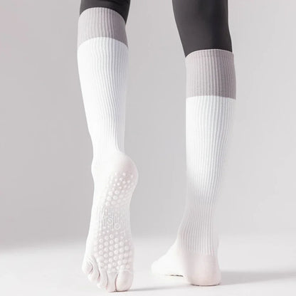 3 Pairs Women Compression Socks with Grip  Non-slip Long Sports Toe Socks Calf Yoga Pilates Five Finger Socks