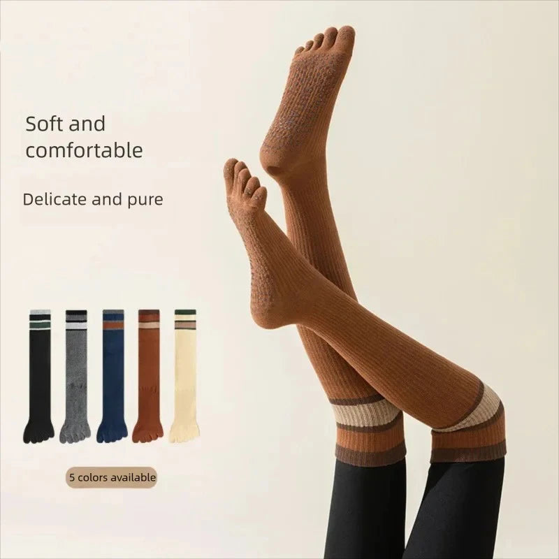 Women's Non-slip Cotton Yoga Socks Knee Sock Stockings Over Knee Compression Five Finger Grip Non-slip Yoga Pilates Toe Sock
