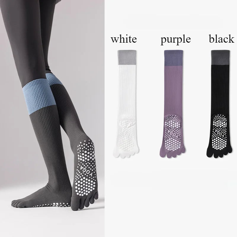 3 Pairs Women Compression Socks with Grip  Non-slip Long Sports Toe Socks Calf Yoga Pilates Five Finger Socks