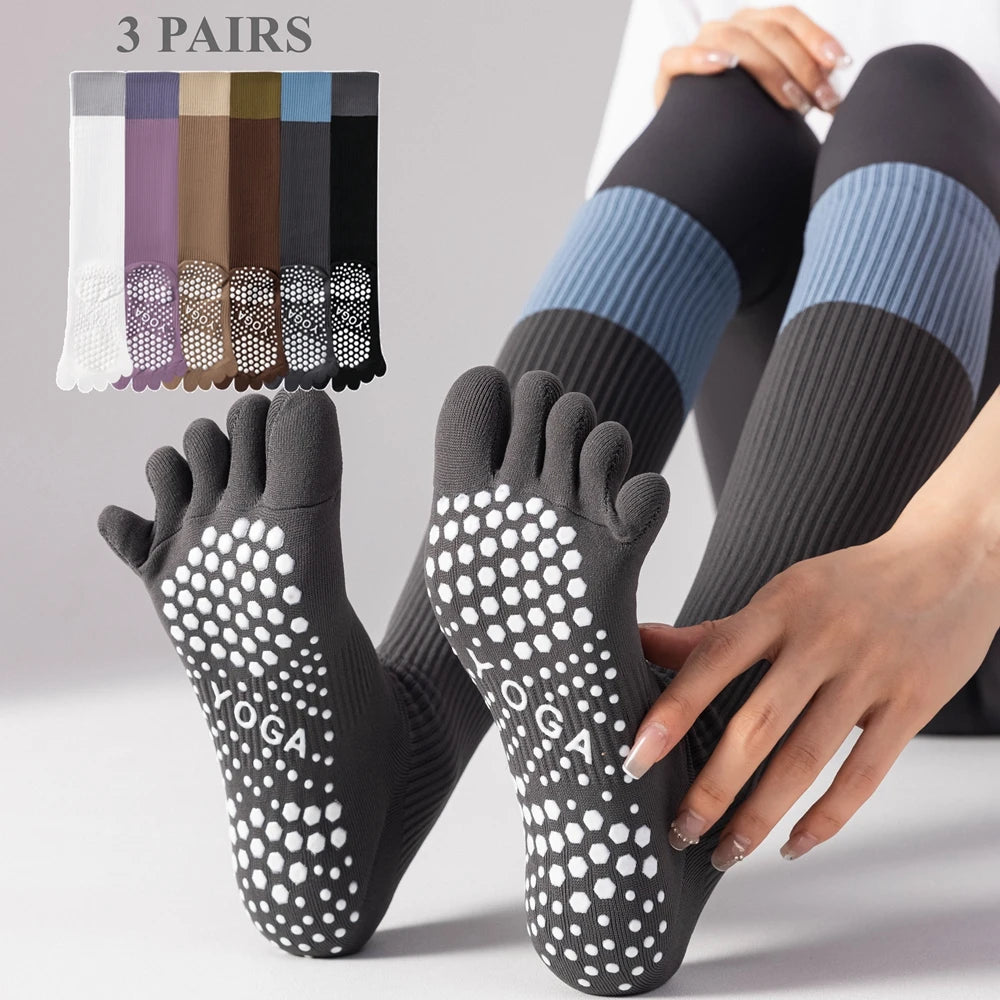 3 Pairs Women Compression Socks with Grip  Non-slip Long Sports Toe Socks Calf Yoga Pilates Five Finger Socks
