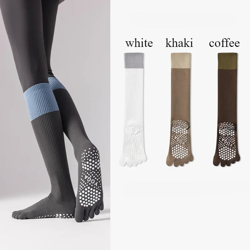 3 Pairs Women Compression Socks with Grip  Non-slip Long Sports Toe Socks Calf Yoga Pilates Five Finger Socks