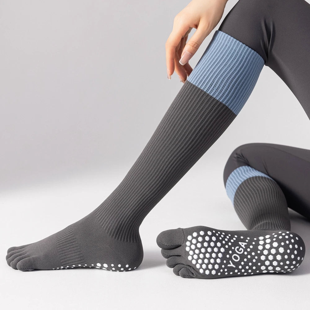 3 Pairs Women Compression Socks with Grip  Non-slip Long Sports Toe Socks Calf Yoga Pilates Five Finger Socks